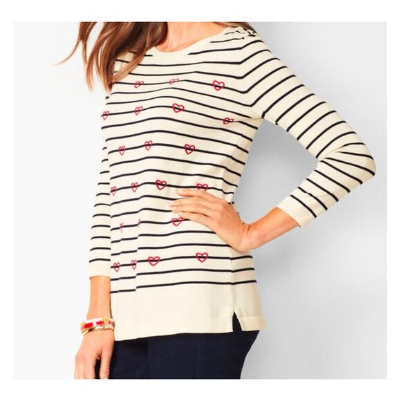 Talbots Ivory Black Stripe Hearts Embroidered 3/4 Sleeve Sweater Plus 2x - Picture 1 of 9